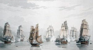 Den britiske eskadron under kommando af kaptajn Charles Marsh Schomberg og den franske eskadron under kommando af kommodore Roquebert, blev beroliget kort efter påbegyndelsen af aktionen ud for Madagaskar, 20. maj 1811 (farve litho) af English School