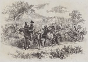 The Burke and Wills Australian Exploring Expedition, Ekspeditionens afgang fra Royal Park, Melbourne, 20. august 1860 (gravering) af English School