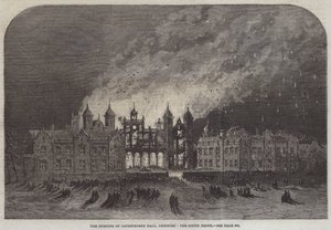 Afbrændingen af Capesthorne Hall, Cheshire, Sydfronten (gravering) af English School