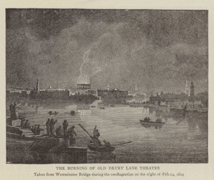 The Burning of Old Drury Lane Theatre (gravering) af English School