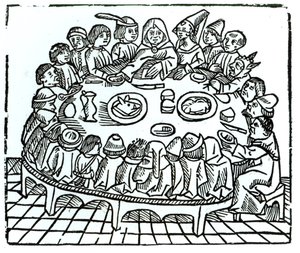 Canterbury-pilgrimmene sætter sig til et fælles måltid, illustration fra Geoffrey Chaucers (c.1345-1400) 