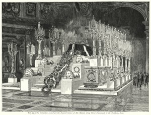 Katafalket opført til begravelsen af Hans Majestæt Kong Victor Emmanuel i Pantheon, Rom (gravering) af English School
