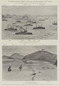 Det kinesiske spørgsmål, udsigt over Chefoo-bugten og havnen i Port Arthur (litho) af English School