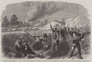 Borgerkrigen i Amerika, kamp ved Hainsville, på Upper Potomac, fremrykning af Wisconsin-mændene (føderalister) på løsrivelsespositionen (gravering) af English School