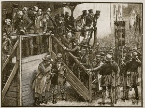 Clare-konkurrencen: Fader Murphy fører sine lejere til afstemningen, illustration fra Cassells Illustrated History of England (sepia-foto) af English School