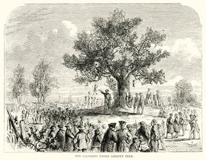 Kolonisterne under Liberty Tree (gravering) af English School