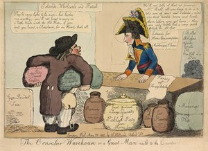 The Consular Warehouse eller en stor mand sømmet til skranken, pub. 1802 (håndfarvet gravering) af English School