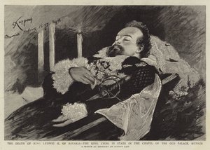 Døden af kong Ludwig II af Bayern, kongen liggende i staten i kapellet i det gamle palads, München (gravering) af English School