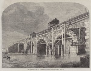 Nedrivningen af Old Westminster-Bridge (gravering) af English School
