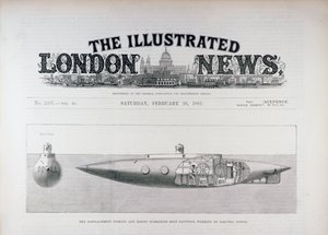 Das Verdrängungstauchen und Aufsteigen des U-Boots Nautilus, betrieben mit elektrischer Energie, aus The Illustrated London News, 26. Februar 1887 von English School