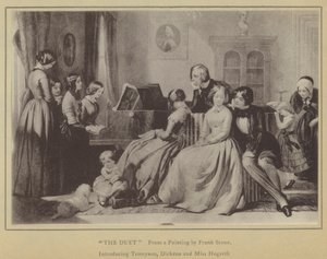 Duetten, fra et maleri af Frank Stone, der introducerer Tennyson, Dickens og Miss Hogarth (litho) af English School