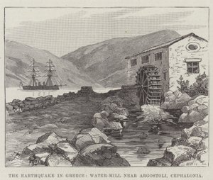 Jordskælvet i Grækenland, vandmølle nær Argostoli, Cephalonia (gravering) af English School