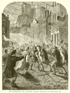 Edinburgh-pøbelen bærer kaptajn Porteous til henrettelse, 1737 af English School
