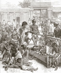 Hungersnøden i Indien: Indfødte venter på nødhjælp i Bangalore, oktober 1877. af English School