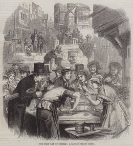 The First Day of Oysters, en London Street Scene (gravering) af English School