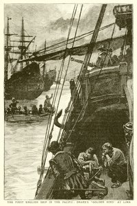 Det første engelske skib i Stillehavet: Drakes Golden Hind ved Lima af English School