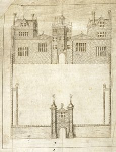 The Front of Wilton House, detalje fra Survey of Lands for the 1st Earl of Pembroke, 1566 (pen & blæk på vellum) af English School