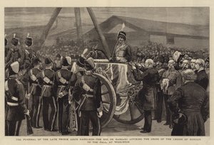 Begravelsen af den afdøde prins Louis Napoleon, hertugen de Bassano, med påsætning af Æreslegionens kors på Pallen i Woolwich (gravering) af English School