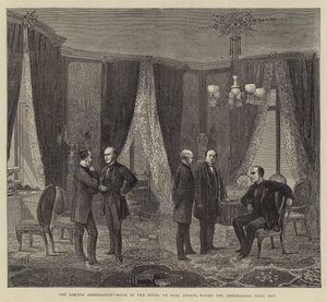 Genève-voldgiften, værelse i Hotel de Beau Rivage, hvor voldgiftsmændene mødtes første gang (gravering) af English School