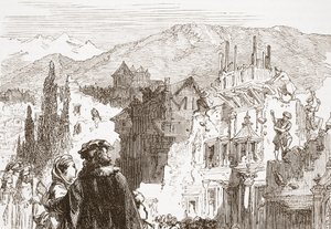 Genevanerne ødelægger forstæderne til deres by, illustration fra The History of Protestantism af James Aitken Wylie (1808-1890), pub. 1878 af English School