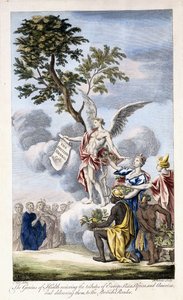 The Genius of Health receiving Europe, Asia, Africa and America and delivering them to the British Reader, 1756-1757dani af English School