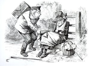 Den tyske kommercielle rejsende stjæler markedsandele fra den britiske handel, karikatur fra Punch, The London Charivari, 5. september 1896 af English School
