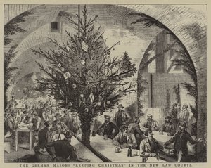 De tyske frimurere "holder jul" i de nye retsbygninger (kobberstik) af English School