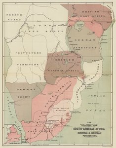 Det grafiske kort over Syd-Centralafrika, der viser de britiske og tyske besiddelser (farve litho) af English School
