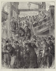 Den store katastrofe på Themsen, der bringer de døde på land ved Woolwich Pier (gravering) af English School