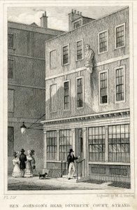 The Grecian Coffee House, Devereux Court, Strand, med en buste af Ben Johnson (gravering) af English School