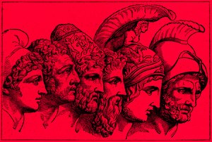 The Heroes of the Trojan War: Paris, Diomedes, Odysseus, Nestor, Achilles, Agamemnon, illustration fra The Illustrated History of the World, udgivet ca. 1880 (digitalt forbedret billede) af English School