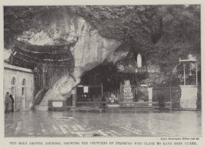 Den hellige grotte, Lourdes, der viser krykkerne fra pilgrimme, der hævder at være blevet helbredt (gravering) af English School