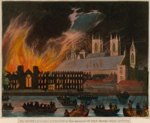 Houses of Lords and Commons, som de så ud i brand, 16. oktober 1834 af English School