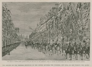 The Imperial Institute: Hendes Majestæt passerer ned ad Queens Gate på vej til åbningsceremonien med en eskorte af livreddere og de indiske og koloniale tropper af English School