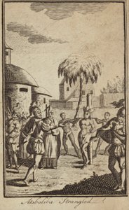Inkakejseren Atahualpa kvalt efter ordre fra den spanske erobrer Francisco Pizarro, Peru af English School