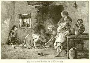 Den irske familie: Det indre af en bondehytte af English School
