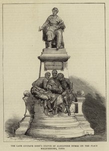 Den afdøde Gustave Dores statue af Alexandre Dumas på Place Malesherbes, Paris (gravering) af English School