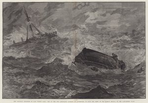 Redningsbådkatastroferne i sidste uges kuling, en af de to redningsbåde kæntrede i et forsøg på at redde besætningen på Barque Mexico på Lancashire Coast (gravering) af English School