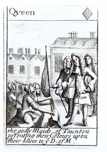 Maids of Taunton knælende foran hertugen af Monmouth, 18. juni 1685, Queen of Diamonds spillekort fra et sæt til minde om Monmouths Rebellion af English School