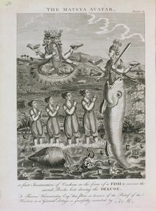 Matsya-avataren eller den første inkarnation af Vishnu i form af en fisk for at genvinde de hellige bøger, der er gået tabt under syndfloden, indgraveret af Barlow af English School