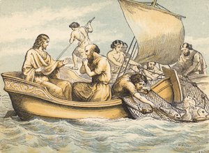 The Miraculous Draft of Fishes (farvet indgravering) af English School