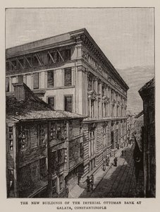 De nye bygninger i den kejserlige osmanniske bank i Galata, Konstantinopel (gravering) af English School