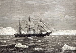 Ekspeditionen til Nordpolen: The Alert hejser flagene til ære for at have nået den højeste breddegrad af alle skibe nogensinde, fra "The Illustrated London News", 1876 af English School