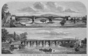 The Old and New Trent Bridges, Nottingham (gravering) af English School