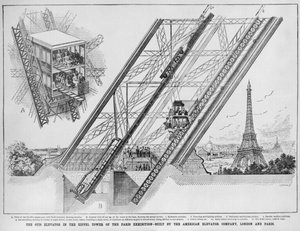 Otis Elevator i Eiffeltårnet, bygget af American Elevator Company, Paris og London, 1889 (gravering af English School