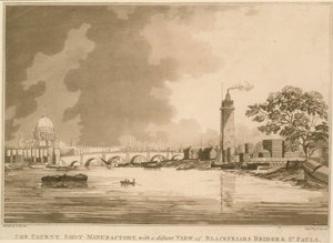 The Patent Shot Manufactury, med en fjern udsigt over Blackfriars Bridge og St Pauls, London af English School