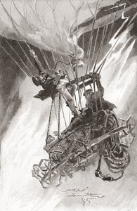 Farerne ved varmluftsballonflyvning. En ballon i vanskeligheder og ved at styrte ned. Fra The Strand Magazine, udgivet 1896 (litho) af English School