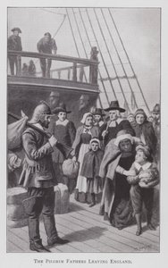Pilgrimsfædrene forlader England (litho) af English School