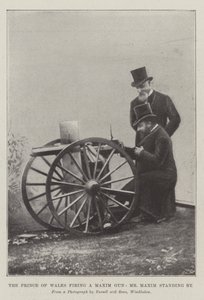 Prinsen af Wales affyrer en Maxim Gun, Mr Maxim står ved siden af (gravering) af English School