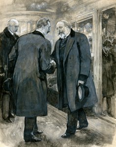 Prinsen af Wales hilser den tyske kejser, Charing Cross Station, 20. januar 1901 (wc på papir) af English School